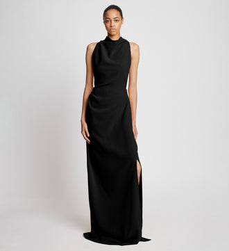Front image of model in Matte Crepe Backless Dress in black