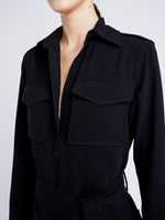 Detail image of model wearing Vanessa Dress in Matte Viscose Crepe in black