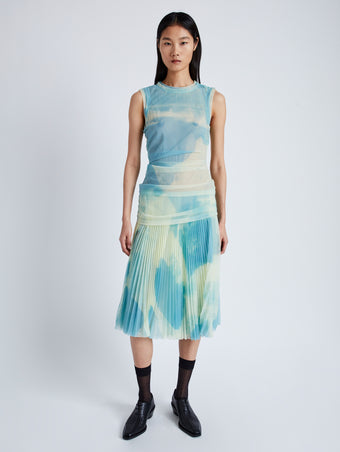 Front image of model wearing Zoe Dress in Printed Nylon Jersey in cyan