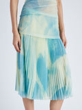 Detail image of model wearing Zoe Dress in Printed Nylon Jersey in cyan