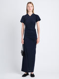 Front full length image of model wearing Sidney Dress In Silk Viscose in NAVY
