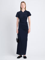 Front full length image of model wearing Sidney Dress In Silk Viscose in NAVY