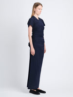 Side full length image of model wearing Sidney Dress In Silk Viscose in NAVY
