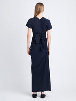 Back full length image of model wearing Sidney Dress In Silk Viscose in NAVY