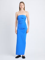 Front image of model wearing Odette Strapless Dress In Silk Viscose in cerulean