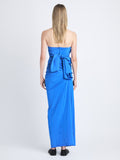 Back image of model wearing Odette Strapless Dress In Silk Viscose in cerulean
