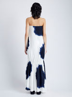 Back image of model in Margot Dress In Printed Viscose Crepe in white multi