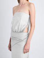 Detail image of model wearing Gwen Strapless Dress In Silk Nylon in smoke