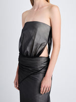 Detail image of model wearing Gwen Strapless Dress In Silk Nylon in black