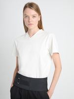 Detail image of model in Talia V-Neck Top  In Eco Cotton Jersey in white