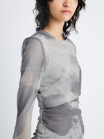 Detail image of model wearing Amber Top In Printed Nylon Jersey in slate