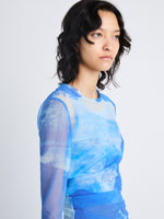 Detail image of model wearing Amber Top In Printed Nylon Jersey in cerulean
