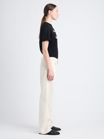 Side full length image of model wearing Eli Top In Eco Cotton Jersey in BLACK/WHITE MULTI