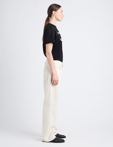 Side full length image of model wearing Eli Top In Eco Cotton Jersey in BLACK/WHITE MULTI