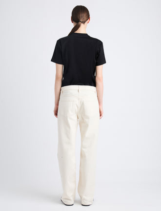 Back full length image of model wearing Eli Top In Eco Cotton Jersey in BLACK/WHITE MULTI