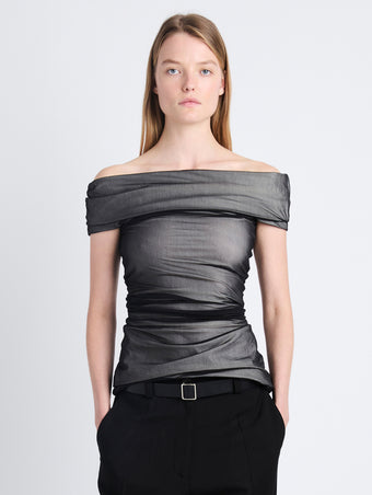 Front cropped image of model wearing Allegra Top In Silk Nylon in BLACK