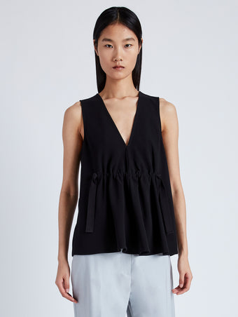 Cropped front image of model wearing Casey Top in Matte Viscose Crepe in black