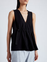 Detail image of model wearing Casey Top in Matte Viscose Crepe in black