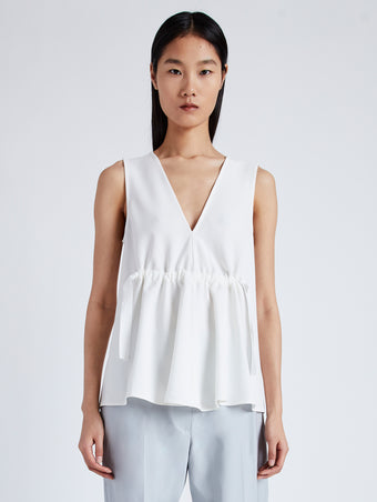 Front cropped image of model wearing Casey Top in Matte Viscose Crepe in white