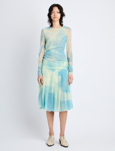Front image of model in Judy Skirt In Printed Nylon Jersey in cyan