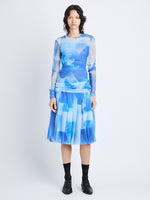 Front image of model in Judy Skirt In Printed Nylon Jersey in cerulean