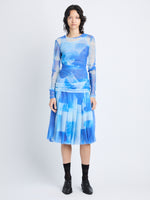 Front image of model in Judy Skirt In Printed Nylon Jersey in cerulean