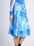 Detail image of model in Judy Skirt In Printed Nylon Jersey in cerulean