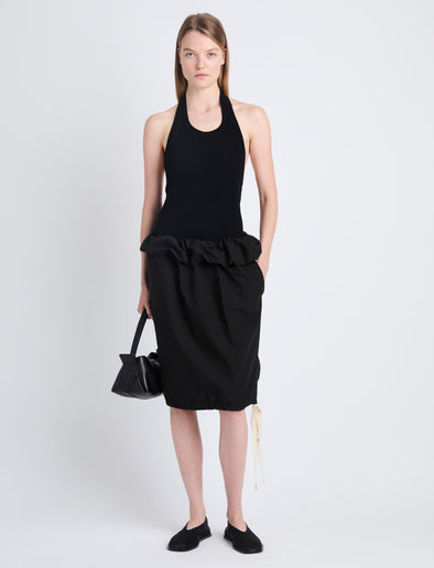 Front full length image of model wearing Hayley Skirt In Ligthweight Crinkle Poplin in BLACK