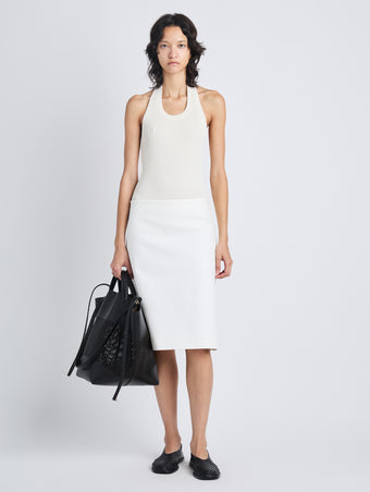 Front full length image of model wearing Adele Skirt In Eco Cotton Twill in EGGSHELL