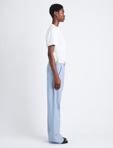 Side full length image of model wearing Otis Pant In Viscose Wool in STEEL