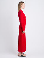 Side image of model in Lara Knit Dress In Viscose Boucle in red