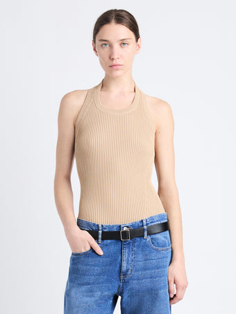 Front cropped image of model wearing Gloria Top In Viscose Rib in CAMEL