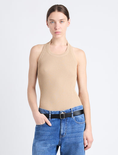 Front cropped image of model wearing Gloria Top In Viscose Rib in CAMEL