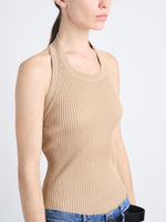 Detail image of model wearing Gloria Top In Viscose Rib in CAMEL