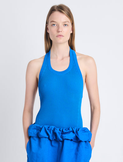 Front cropped image of model wearing Gloria Top In Viscose Rib in BLUE