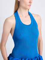 Detail image of model wearing Gloria Top In Viscose Rib in BLUE