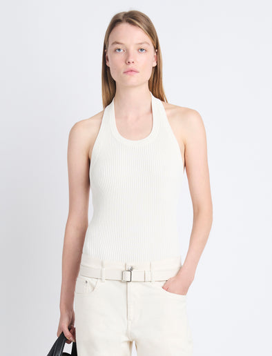 Front cropped image of model wearing Gloria Top In Viscose Rib in EGGSHELL