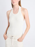 Detail image of model wearing Gloria Top In Viscose Rib in EGGSHELL