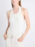 Detail image of model wearing Gloria Top In Viscose Rib in EGGSHELL