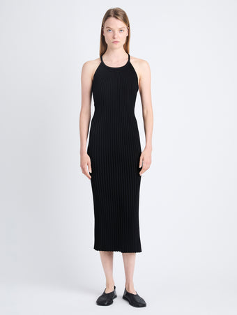 Front full length image of model wearing Vida Dress In Viscose Rib in BLACK