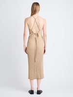 Back image of model wearing Vida Dress In Viscose Rib in Camel