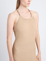 Detail image of model wearing Vida Dress In Viscose Rib in CAMEL