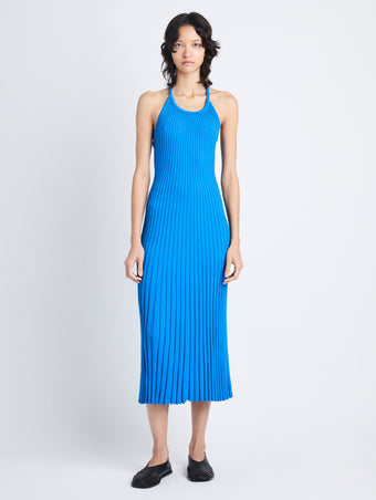 Front full length image of model wearing Vida Dress In Viscose Rib in BLUE