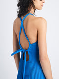 Detail image of model wearing Vida Dress In Viscose Rib in BLUE