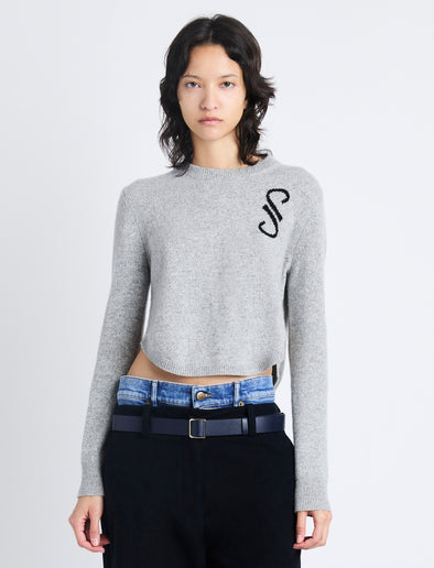 Front cropped image of model wearing Stella Sweater In Cashmere Jacquard in GREY MELANGE
