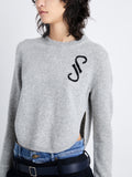 Detail image of model wearing Stella Sweater In Cashmere Jacquard in GREY MELANGE