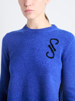 Detail image of model wearing Stella Sweater In Cashmere Jacquard in BLUE