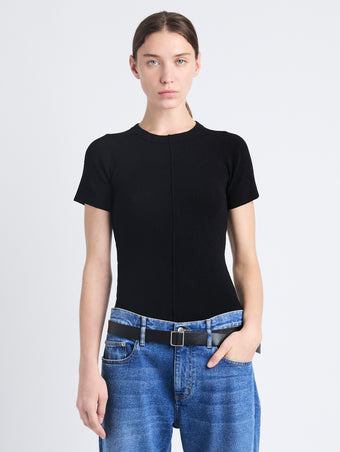 Front cropped image of model wearing Sky Top In Matte Viscose Rib in BLACK