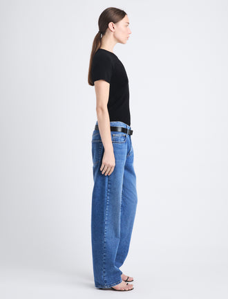 Side full length image of model wearing Sky Top In Matte Viscose Rib in BLACK