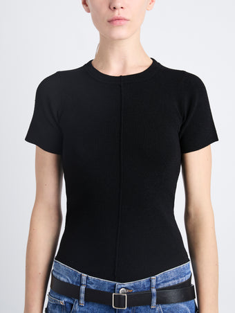 Detail image of model wearing Sky Top In Matte Viscose Rib in BLACK